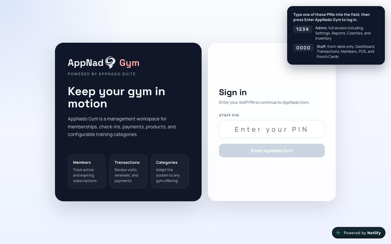 AppNado Gym — Gym Management System homepage